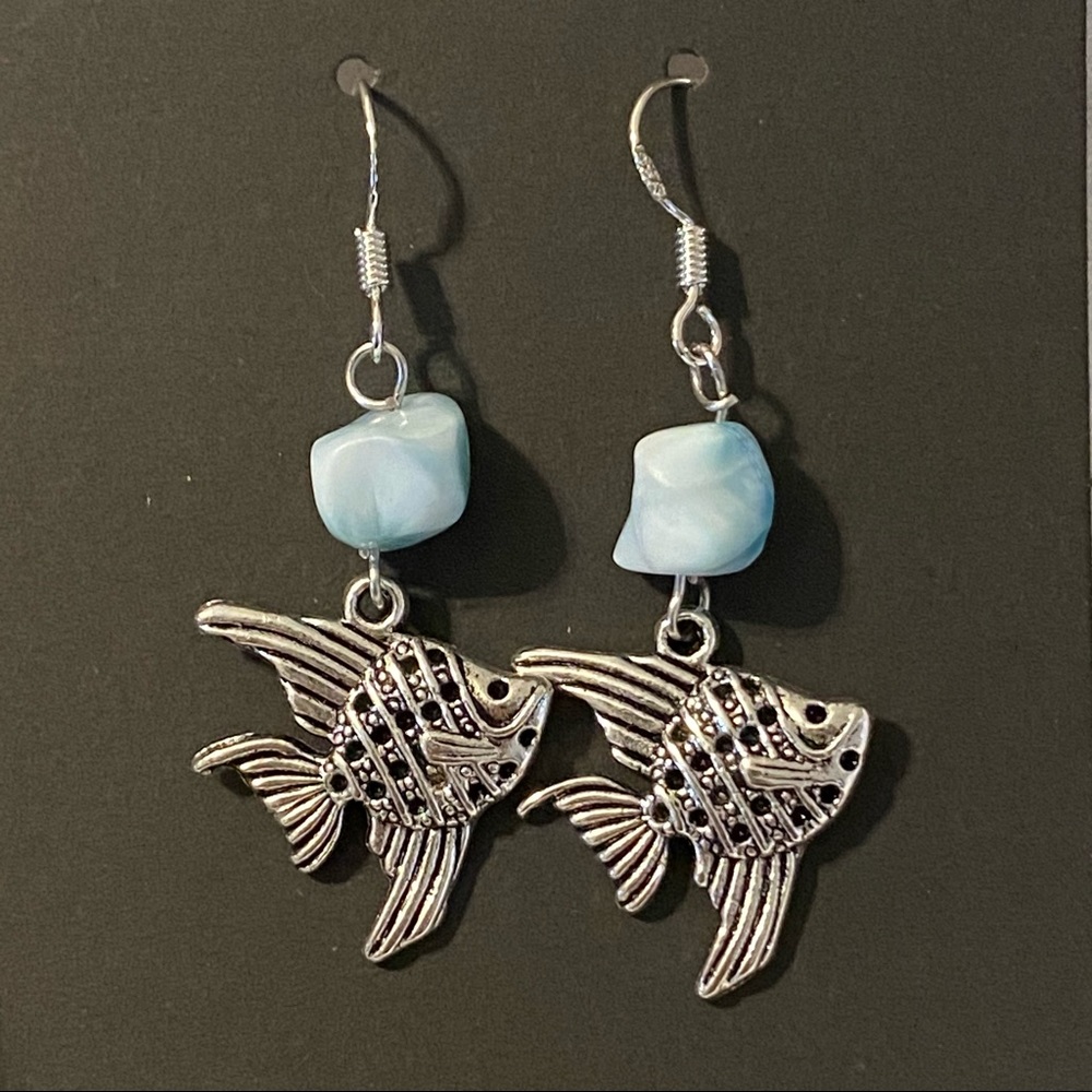 Silver & Blue Angel Fish & Larimar Bead Beachy Earrings - Picture 1 of 4